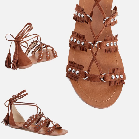 Flat Boho Fringe Gladiator Lace Up Tassels Sandals - Picture 3 of 3
